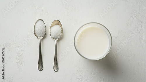 Milk in a glass and sugar in a spoon clean and minim