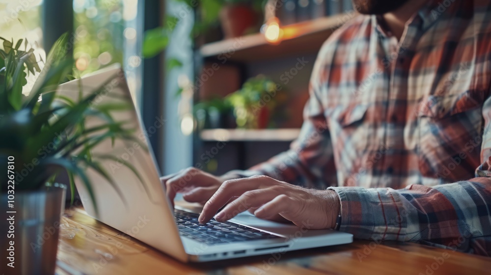 A focused website developer typing on a laptop at a modern office desk.