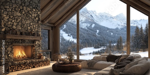 Cozy cabin living room with stone fireplace, large windows overlooking snowy mountain landscape.