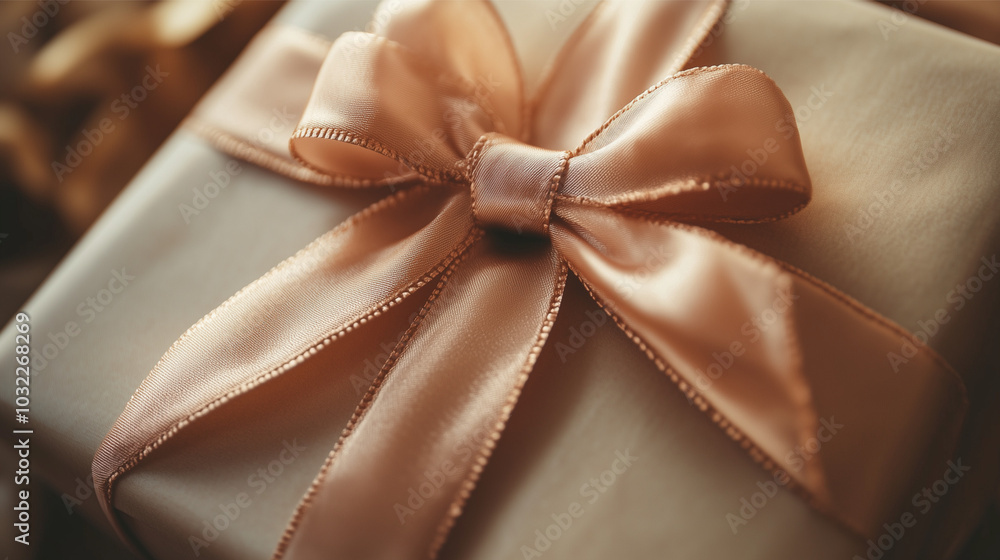 A detailed ribbon is tied around a simple, unadorned gift box, its sharp folds and texture creating a sense of anticipation A detailed ribbon is tied around a simple, unadorned gift box, its sharp folds and texture creating a sense of anticipation