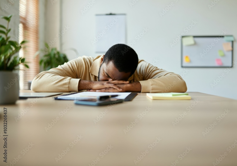 Young manager is sleeping at his desk during work time, feeling exhausted and unmotivated