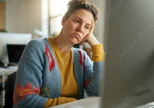 Office worker quiet quitting, bored and unmotivated in front of her desktop computer photo