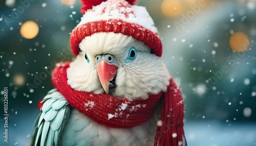 A cute parrot with a knitted hat and scarf enjoys a snowy winter wonderland and radiates Christmas joy.