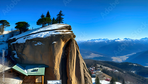 Panoramic view of a mountain cliff covered with snow and pine trees. The landscape extends to the snowy peaks and the valley with the village below.