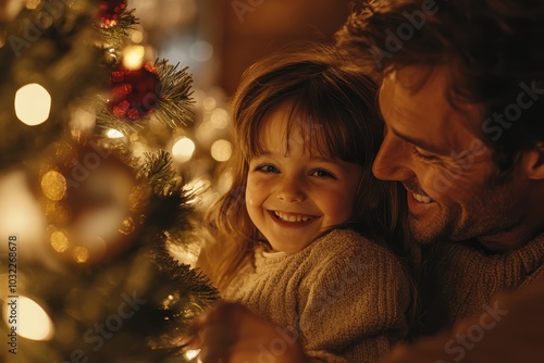A joyful father and daughter celebrating Christmas by the tree, radiating love.