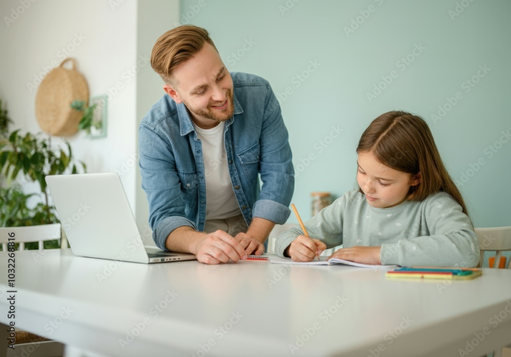 Stay at home father is helping his young daughter with her schoolwork Stay at home father is helping his young daughter with her schoolwork