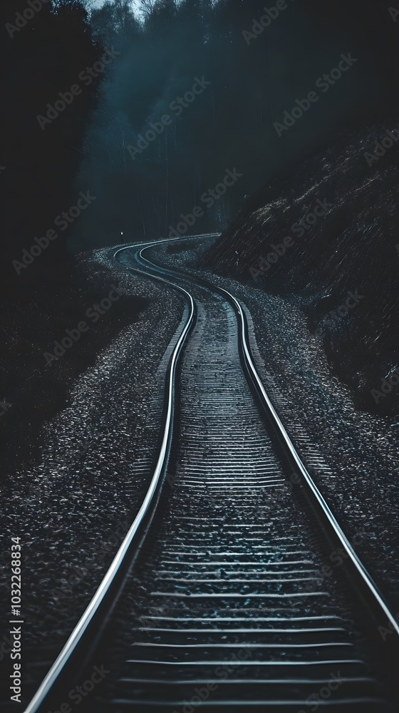 Fototapeta premium A long, winding railroad track disappears into the dark forest.