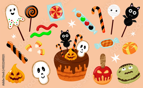 Vector set of sweet treat for Halloween. Cake, lollipop, marmalade, cookie in the shape of scary characters. Cute ghost, scull, pumpkin, bat, etc.