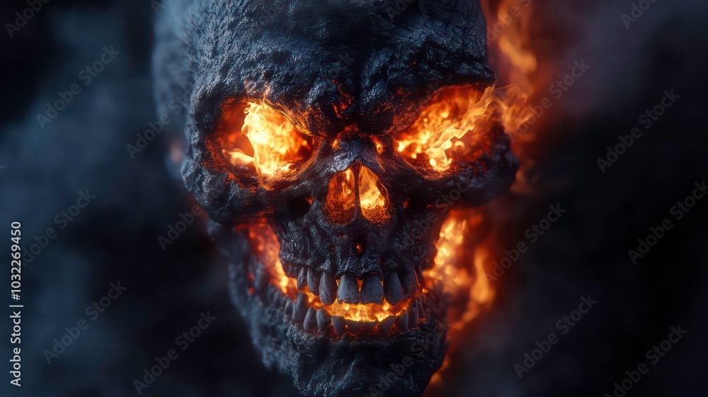 A fiery skull with glowing eyes and teeth, set against a dark background with smoke. A fiery skull with glowing eyes and teeth, set against a dark background with smoke.