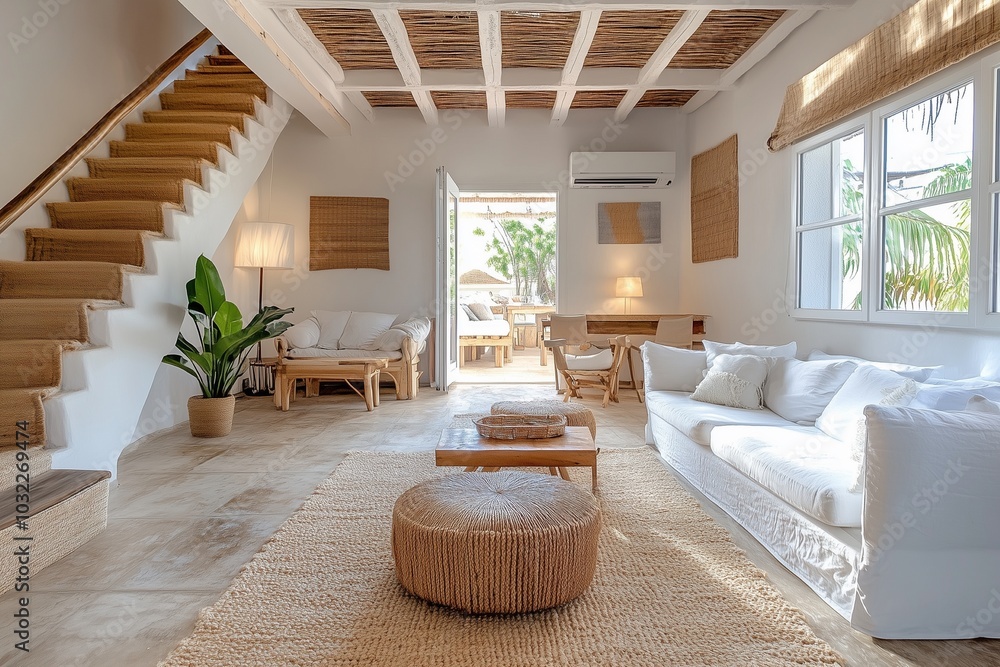 Cozy white living room with light color wooden woven furniture Cozy white living room with light color wooden woven furniture