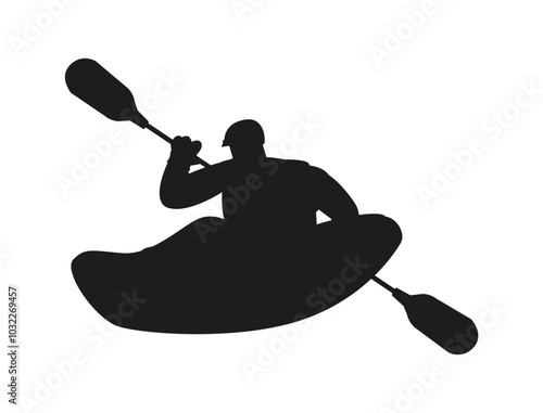 Man in solo canoe rowing with paddle on water black silhouette vector icon, person riding boat with oar extreme activity