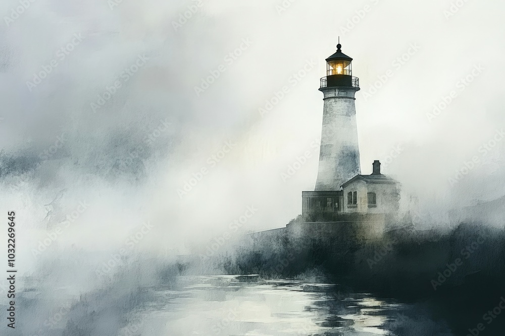 Moody watercolor illustration of a lighthouse shining its light through a heavy fog Moody watercolor illustration of a lighthouse shining its light through a heavy fog