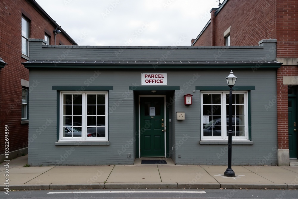 A small brick building with a green door and windows A small brick building with a green door and windows
