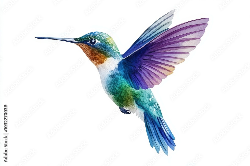 Watercolor painting of a hummingbird flying with vibrant colors Watercolor painting of a hummingbird flying with vibrant colors
