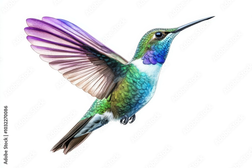 Fototapeta premium Beautiful, colorful hummingbird is flying with its wings open against a white background