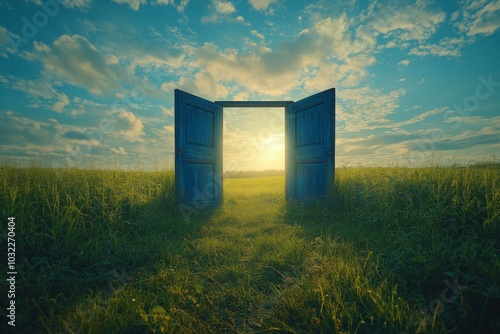 A blue door is open in a field of grass