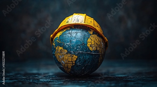 Artistic depiction of globe encased in a hard hat emphasizing the importance of safety and health in the workplace designed for the World Day of Safety and Health at Work awareness campaign