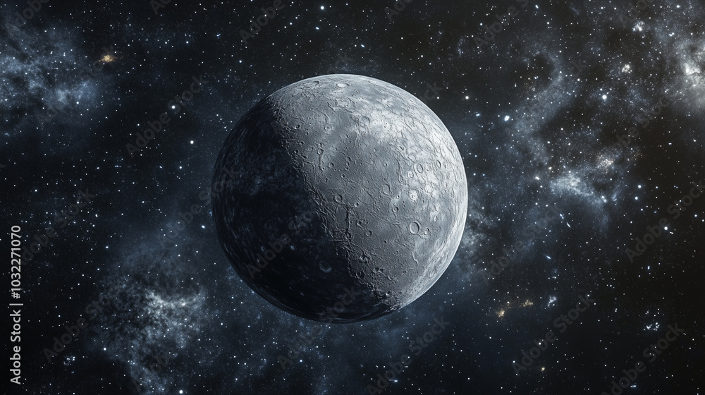 A single planet, detailed with craters and sharp surface features, floats in the void of space. Around it, faint, glowing outlines of constellations and galaxies are visible, but the space is mostly e A single planet, detailed with craters and sharp surface features, floats in the void of space. Around it, faint, glowing outlines of constellations and galaxies are visible, but the space is mostly e