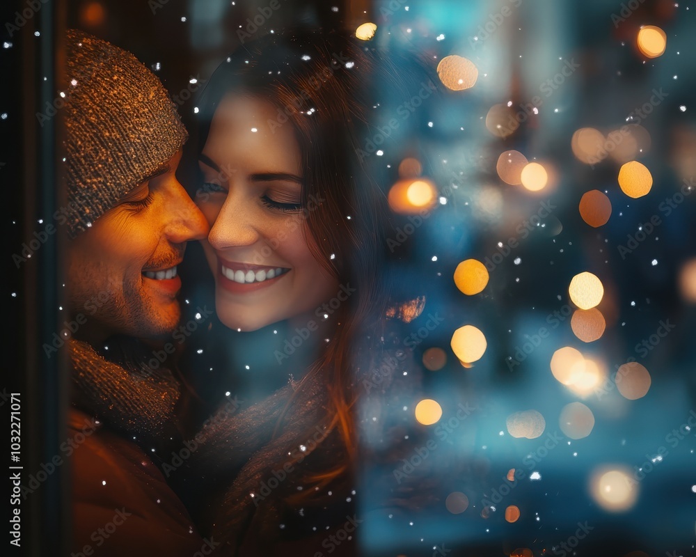 Couple embracing with warm smiles, snow falling, cozy winter evening inside. Couple embracing with warm smiles, snow falling, cozy winter evening inside.