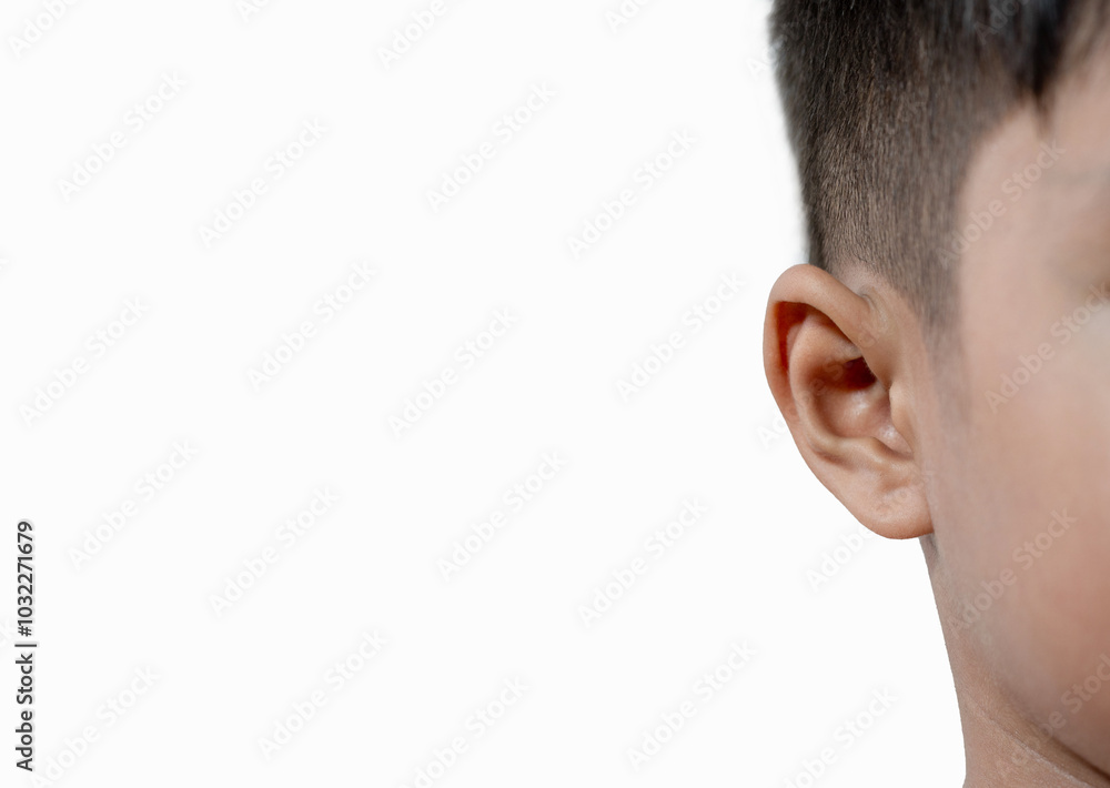 Fototapeta premium Close-up of a child's ear, isolated on a white background.