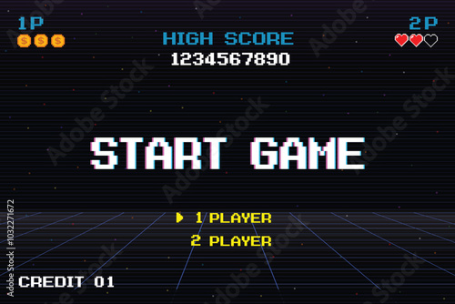 START GAME. pixel art .8 bit game. retro video game. for game assets. Retro Futurism Sci-Fi Background. glowing neon grid and star from vintage arcade computer games