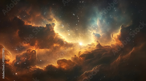 Fototapeta Naklejka Na Ścianę i Meble -  A breathtaking cosmic landscape filled with swirling nebula clouds and glowing distant stars illuminating the vastness of space