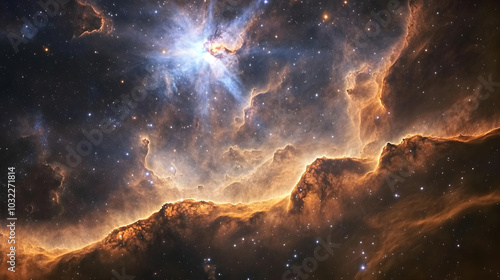 Fototapeta Naklejka Na Ścianę i Meble -  A breathtaking cosmic landscape filled with swirling nebula clouds and glowing distant stars illuminating the vastness of space