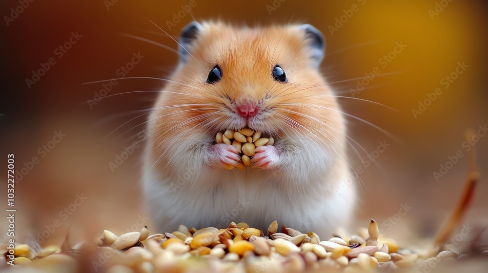 A chubby hamster stuffing its cheeks with seeds, macro shot, cozy indoor setting, soft warm lighting, exaggerated focus on its bulging cheeks for a cute, funny vibe A chubby hamster stuffing its cheeks with seeds, macro shot, cozy indoor setting, soft warm lighting, exaggerated focus on its bulging cheeks for a cute, funny vibe
