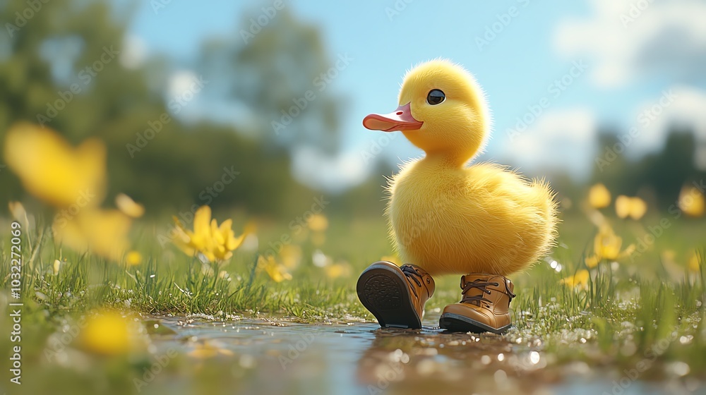 A duck waddling with tiny boots on, groundlevel shot, sunny park with clear skies, whimsical and lighthearted with soft focus on the boots A duck waddling with tiny boots on, groundlevel shot, sunny park with clear skies, whimsical and lighthearted with soft focus on the boots