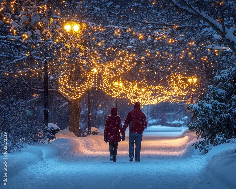 Couple walking hand in hand through a snowy park, illuminated by fairy lights. Couple walking hand in hand through a snowy park, illuminated by fairy lights.