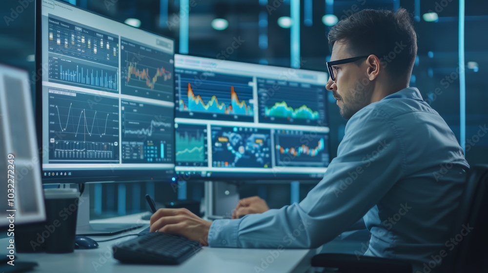 Analyst working with Business Analytics and Data Management System on computer to make report with KPI and metrics connected to database. Corporate strategy for finance, operations, sales, marketing Analyst working with Business Analytics and Data Management System on computer to make report with KPI and metrics connected to database. Corporate strategy for finance, operations, sales, marketing
