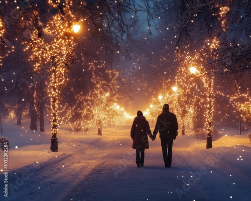 Couple walking hand in hand through snowy street adorned with glowing lights. photo