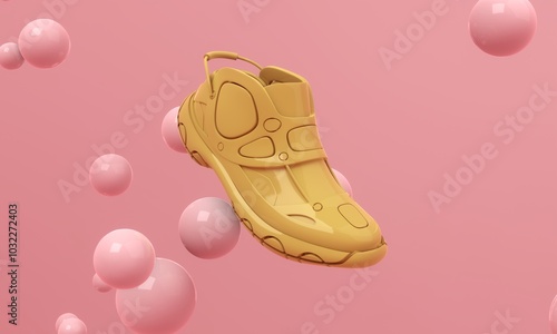 One shoe flying in the air on pink background with floating spheres. Modern cover design. 3d illustration.