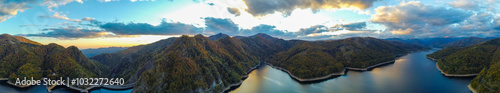 Panoramic view of Lake Vidraru - Romania seen from above in the evening