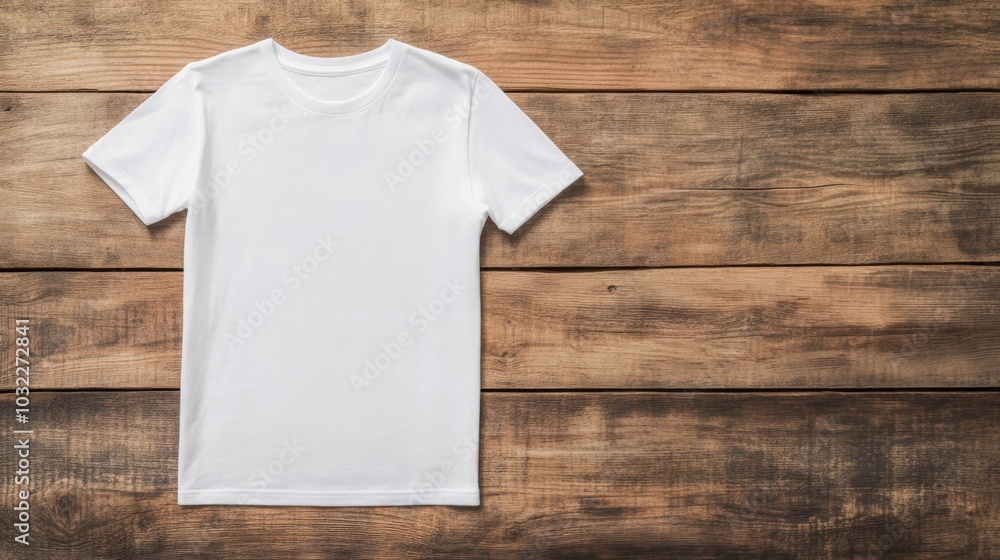 Plain white t-shirt on rustic wooden background for fashion design mockups copy space Plain white t-shirt on rustic wooden background for fashion design mockups copy space