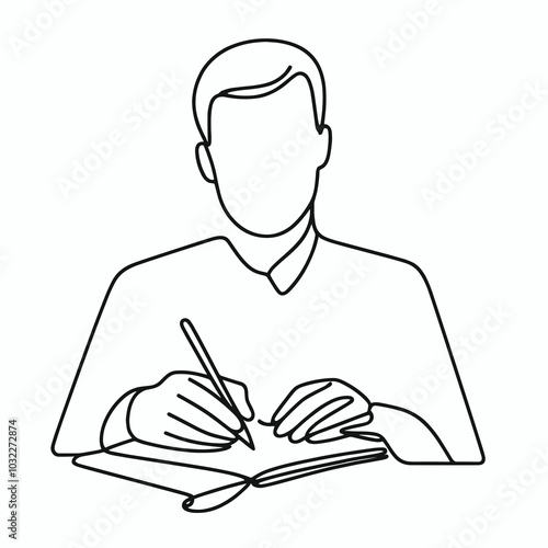 Man writing in notebook line art