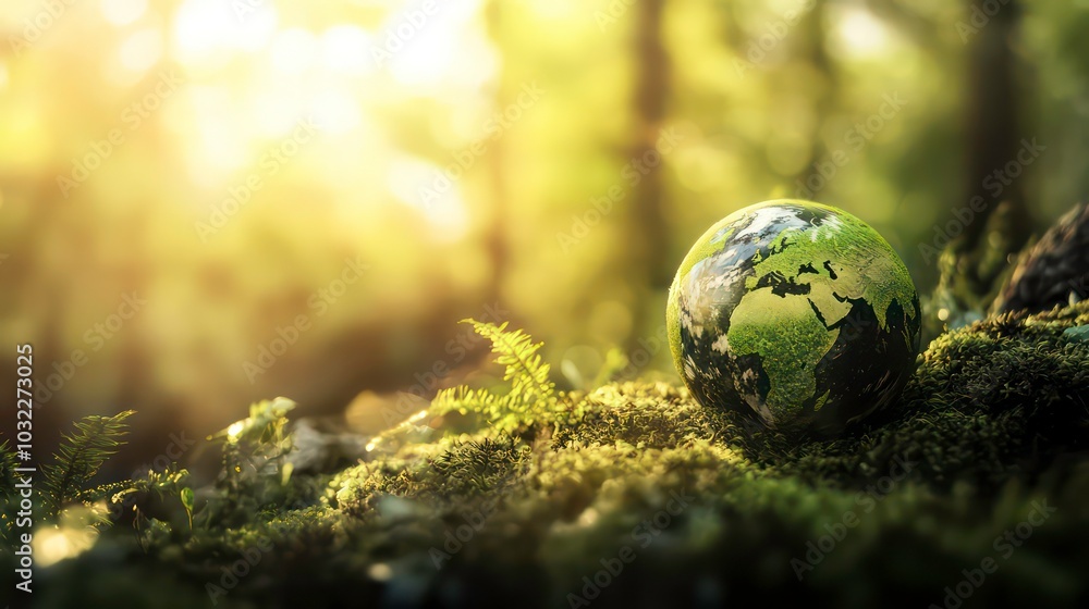 A small globe sits on a bed of moss in a sun-drenched forest, representing the importance of preserving nature for a sustainable future. A small globe sits on a bed of moss in a sun-drenched forest, representing the importance of preserving nature for a sustainable future.