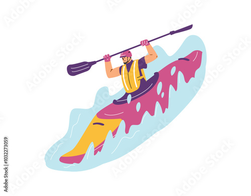 An athlete in a kayak floats along the stormy rapids.