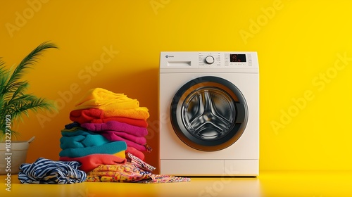 A colorful pile of laundry clothes placed beside a front-loading washing machine. The clothing should include a variety of items like shirts, pants, and towels, showcasing different patterns and hues. photo