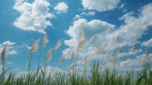 A serene landscape featuring tall grasses swaying gently under a bright blue sky dotted with fluffy white clouds.