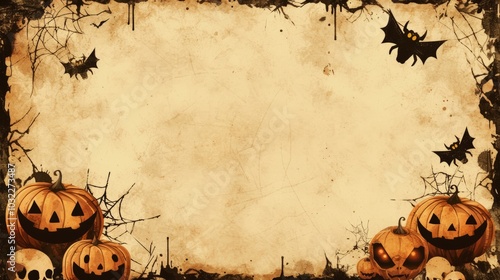 A Halloween-themed background featuring pumpkins, bats, and cobwebs on aged parchment. photo