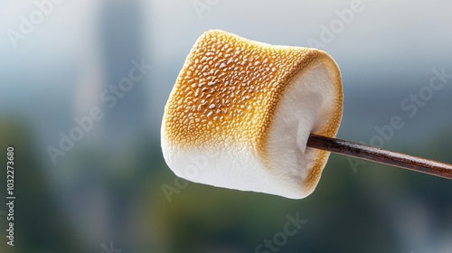 Obraz na płótnie Perfectly toasted marshmallow on a skewer, ideal for campfire treats and sweet desserts. w salonie
