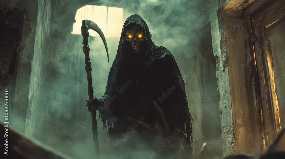 Grim reaper with scythe in a dark room. Halloween theme poster.