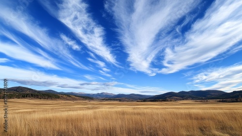 A vast landscape under a bright blue sky, featuring wispy clouds and golden grasslands stretching towards distant mountains.