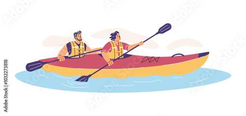 Vector graphics depicting a young man and a girl kayaking on a lake