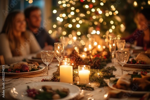 Festive dinner setting with candles, food, and joyful atmosphere.