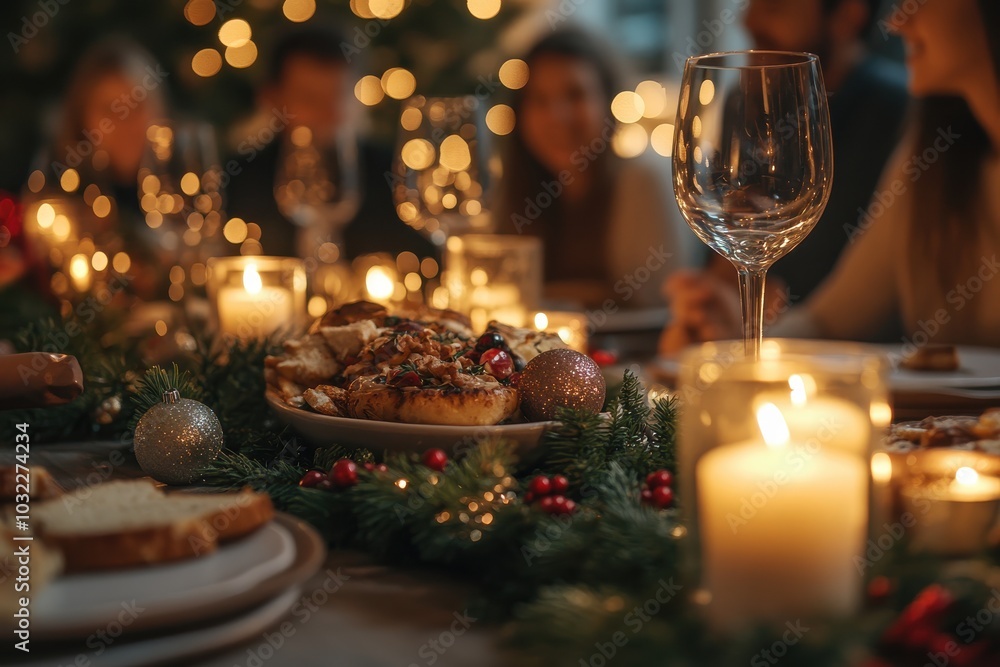 Fototapeta premium Festive dinner table with candles, gourmet food, and holiday decorations, warm ambiance
