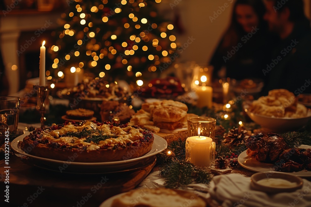 Festive holiday dinner table with delicious dishes, candles, and Christmas tree ambiance. Festive holiday dinner table with delicious dishes, candles, and Christmas tree ambiance.