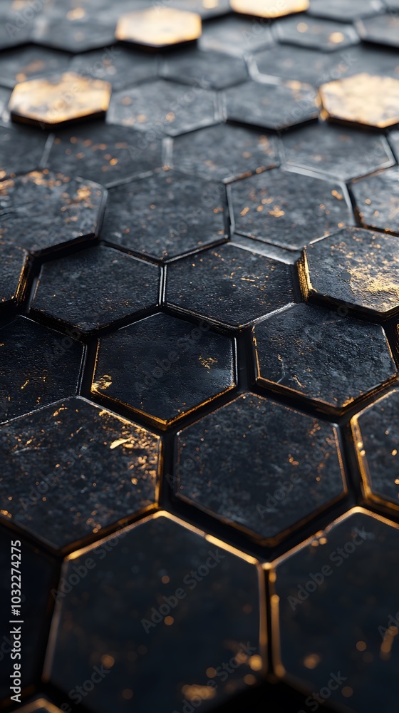 A close-up of the hexagonal tiles on a floor, each tile made up of gold and black metal, against a dark background A close-up of the hexagonal tiles on a floor, each tile made up of gold and black metal, against a dark background