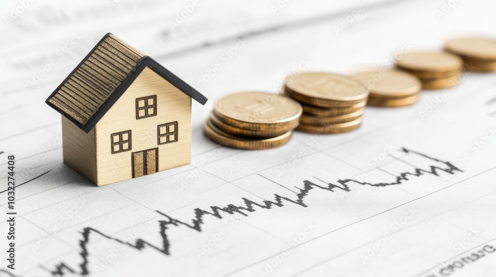 A miniature wooden house beside stacked coins and a financial graph, symbolizing real estate investment and economic growth. A miniature wooden house beside stacked coins and a financial graph, symbolizing real estate investment and economic growth.